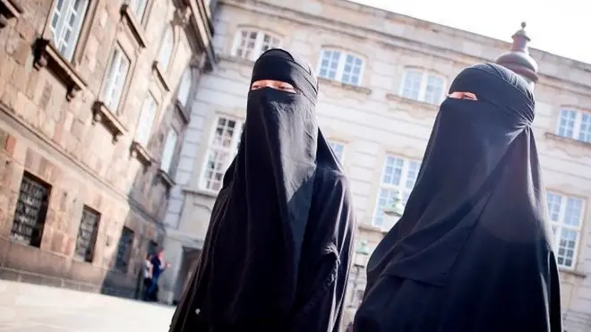 Dua perempuan Muslim warga Denmark menuju gedung Parlemen di Kopenhagen, yang sedang membahas pelarangan penggunaan penutup muka di tempat umum.