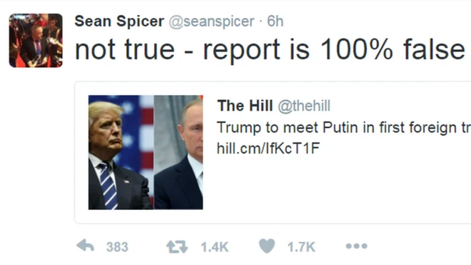 Информацию о возможной встрече Трампа и Путина опроверг в "Твиттере" пресс-секретарь избранного президента США Шон Спайсер