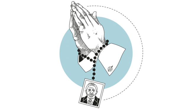 Ilustração de duas mãos juntas e um terço com uma imagem de Lula