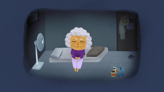 Illustration of Cho in her flat.