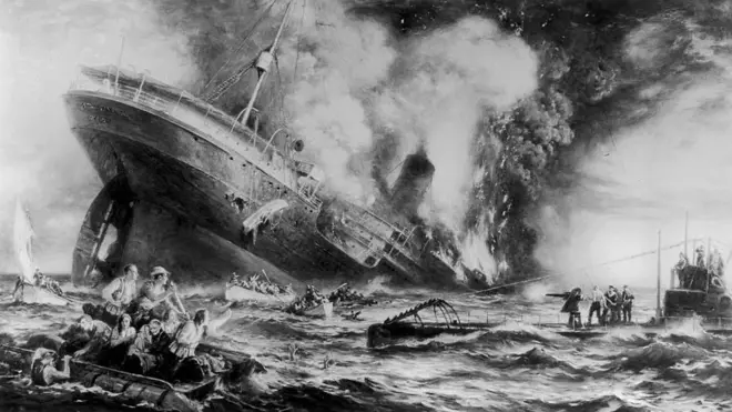 A depiction of the sinking of the RMS Lusitania