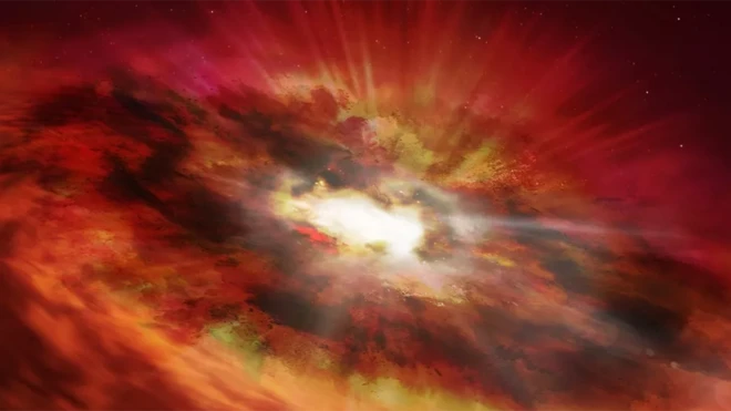 ภาพที่ศิลปินดัดแปลงจากข้อมูลของกล้องฮับเบิล เผยให้เห็นเควซาร์สีแดงที่เป็นต้นตระกูลของหลุมดำมวลยิ่งยวด