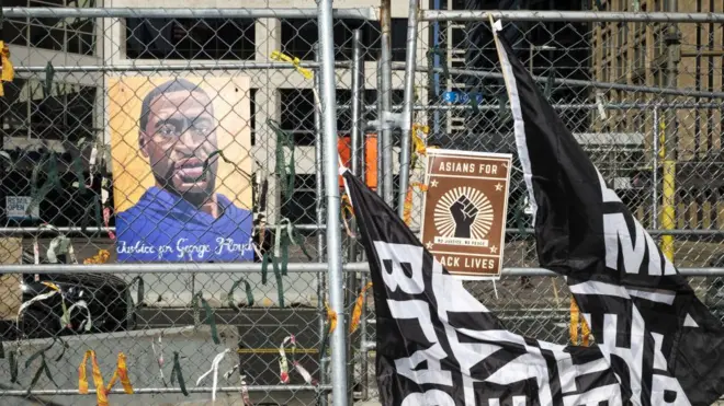Portrait of George Floyd outside the Hennepin court in Minneapolis on 1 April 2021