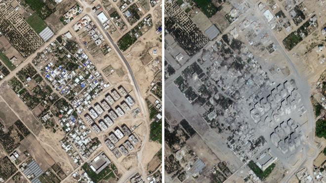 Satellite images of Atatra in Gaza, showing the area before and after Israeli aerial attacks that destroyed several buildings