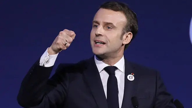 French President Emmanuel Macron speaks during the 34th annual dinner of the Representative Council of Jewish Institutions of France (CRIF) at the Louvre Carrousel in Paris, 20 February 2019