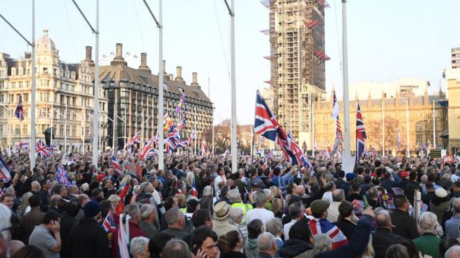 Brexit supporters rally outside the Parliament in London, Britai