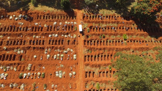 Vista aérea de covas abertas num cemitério de São Paulo