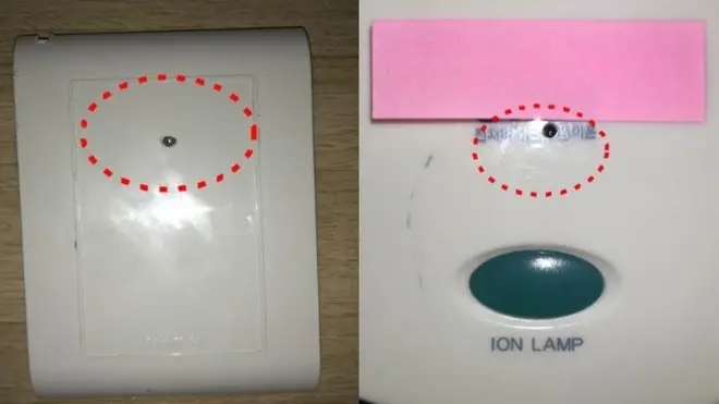 Two examples of hidden cameras, in a wall outlet and hair dryer holder