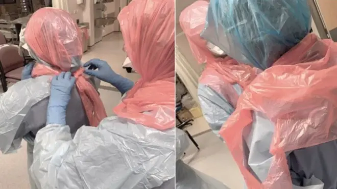 медперсонал в косынках из мусорных мешков