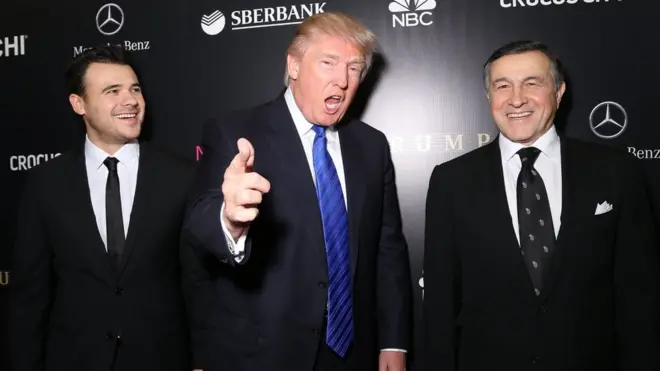 Emin (left) and Aras Agalarov with Mr Trump during a Miss Universe event in Moscow in 2013