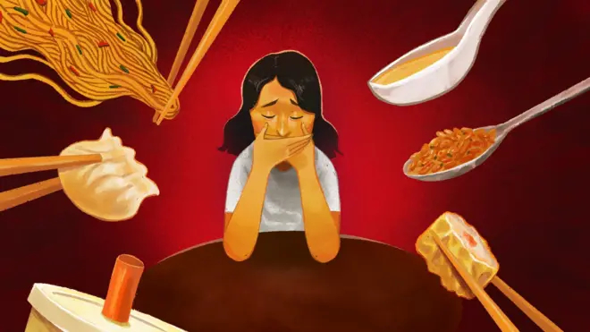 Illustration showing young woman covering her mouth whilst spoons and chopsticks enter the frame looking like she doesn't want to be fed.