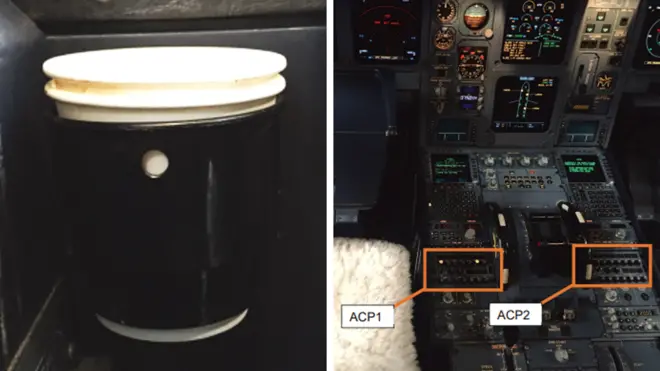 The report detailed the type of cup holder in the cockpit, and the control panels damaged