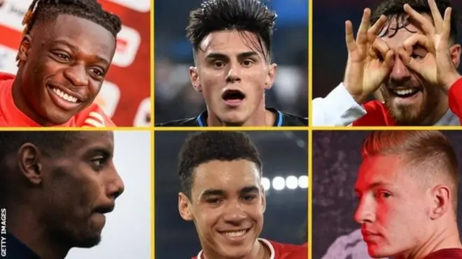 Kutoka juu kushoto: Jeremy Doku, Eljif Elmas, Orkun Kokcu, Becir Omeragic, Jamal Musiala na Alexander Isak, ni miongoni mwa nyota wa kuchungwa katika michuano ya Euro 2020