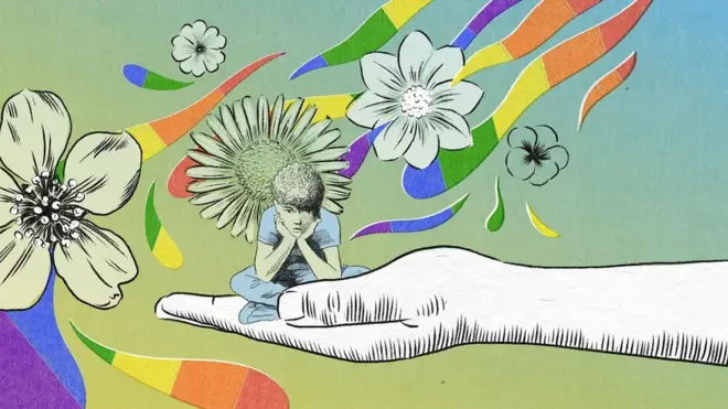 Ilustración de un adolescente con los colores de la bandera LGBT