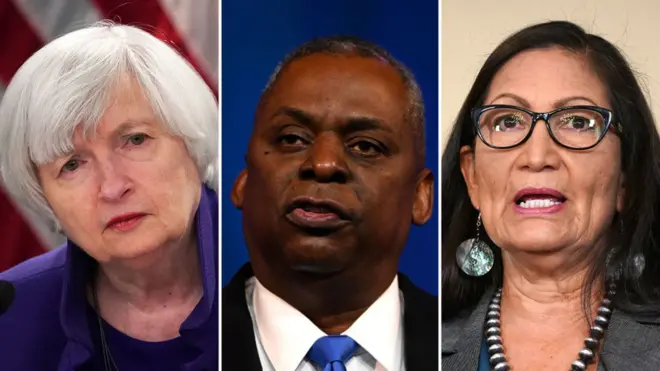 (From left to right) Janet Yellen, Lloyd Austin, Deb Haaland