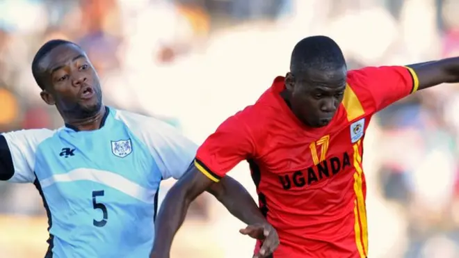 Farouk Miya (right) scored to qualify Uganda for the 2017 Nations Cup in Gabon