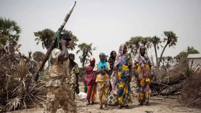 Nigerian soldier on patrol for Damask town, north east Nigeria