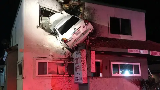 The car was catapulted into the second floor of the building