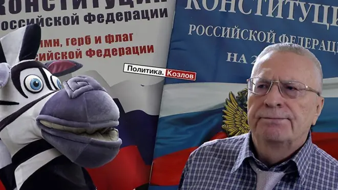 Жириновский и человек в костюме зебры на фоне Конституции