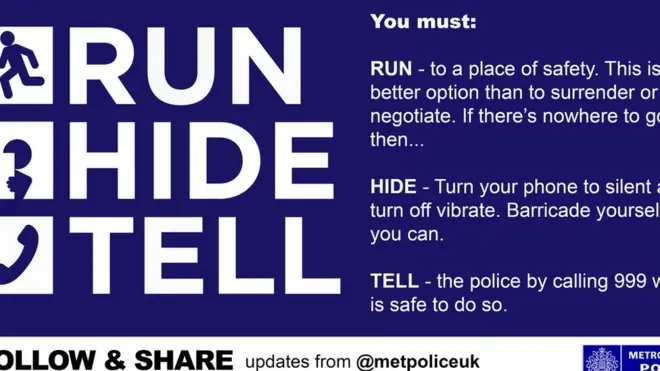 Полиция Лондона опубликовала в "Твиттере" призыв в к жителям города "Бегите, прячьтесь, звоните"