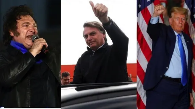 Composite image showing Milei, Bolsonaro and Trump