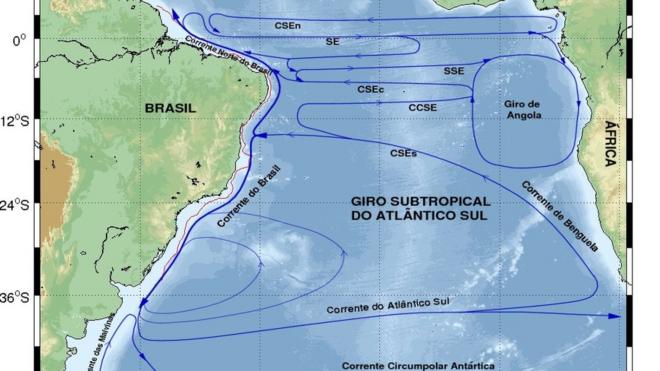 Mapa correntes marítimas do Atlântico Sul entre Brasil e África