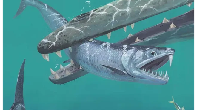 ภาพจำลองปลากะตักดึกดำบรรพ์ที่มีเขี้ยวดาบ กำลังถูกบรรพบุรุษของวาฬยุคเริ่มแรกจับกินเป็นอาหาร