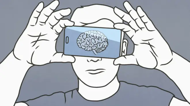 Una ilustracion de alguien mostrando un cerebro en un teléfono