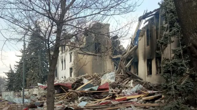 A view of destroyed theatre hall, which was used as a shelter by civilians, after Russian bombardment in Mariupol, Ukraine on March 18, 2022
