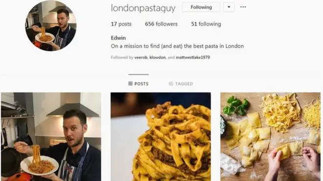 Akun Instagram Edwin yang bertema pasta.