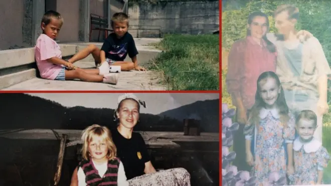 Ирвин (горе лево у црној мајици), Арифана (десно, на фотомонтажи „Срећна породица" на којој је са сестром, мајком и убијеним оцем) и Селма (доле лево)