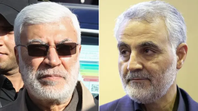 अबु महदी अल-महांदिस (बाएं) और जनरल क़ासिम सुलेमानी जो अमरीकी हमले में मारे गए हैं.