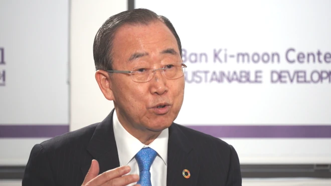 반기문 전 유엔 사무총장이 25일 연세대에서 가진 BBC 코리아와의 인터뷰에서 최근 북한과 트럼프간의 발언에 대한 의견을 말하고 있다.