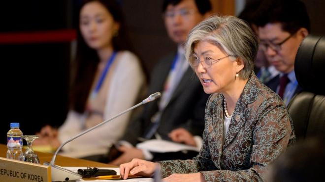 South Korean Foreign Minister Kang Kyung-wha speaks during the ASEAN-Republic of Korea (ROK) Ministerial Meeting at the sideline of the Association of South East Asian Nations (ASEAN) Foreign Ministers' Meeting (AMM) and Related Meetings in Manila, Philippines, 6 August 2017.