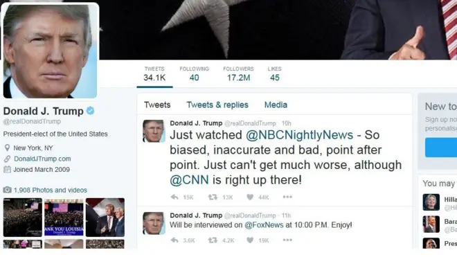 Donald Trump menggunakan Twitter untuk mengkritik media konvensional, seperti dalam salah satu cuit yang terpajang Senin 12 Desember 2016.