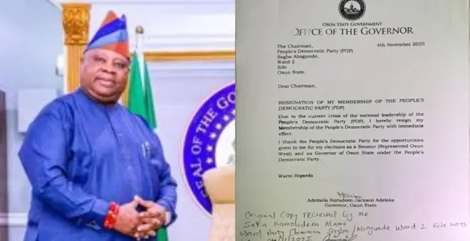 Aworan Gomina ipinle Osun, Ademola Adeleke ati lẹta to fi kọwe kuro ninu ẹgbẹ oṣelu PDP