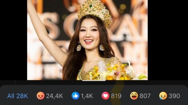 Trang Facebook chính thức của Miss Grand VietNam đã thay ảnh đại diện là Hoa hậu Quế Anh. Chỉ hơn 24 tiếng, bức ảnh đã nhận được hơn 28.000 lượt tương tác mà chủ yếu là giận dữ