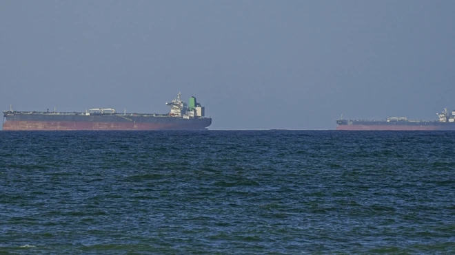 Two cargo ships upon the horizon, water in the foreground.