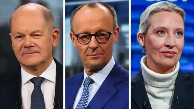Olaf Scholz, Friedrich Mertz y Alice Weidel