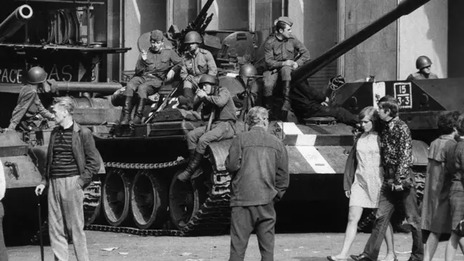 Soviet tanks on the streets of Prague, 21 Aug 68