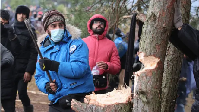 Беженцы попытались пробраться из Беларуси в Польшу с помощью бревен, лопат и ножниц, которые режут колючую проволоку