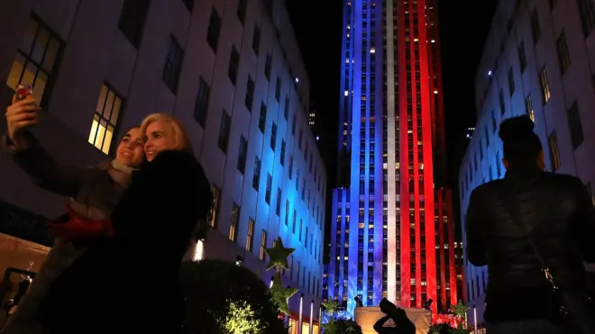 New York's Rockefeller Center Is Illuminated In Red, White, And Blue On Eve Of Election