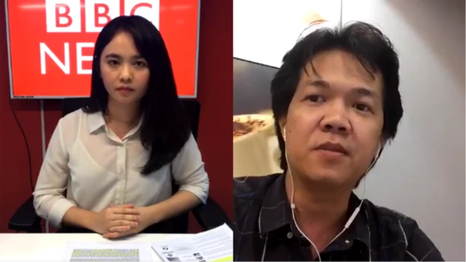Khách mời Hoàng Trọng Nghĩa (phải) nói với phóng viên Thùy Linh rằng thị trường Việt Nam còn rất nhiều nhà sản xuất làm hàng giả