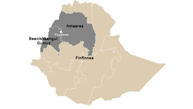 Kaartaa naannoo waldhabdee Benishaangul Gumuzii fi Amaaraa gidduutti uumame agarsiisu.