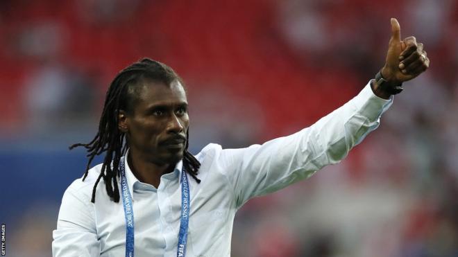 Aliou Cisse, Head coach of Senegal celebrates after the 2018 FIFA World Cup Russia group H match between Poland and Senegal at Spartak Stadium on June 19, 2018 in Moscow, Russia