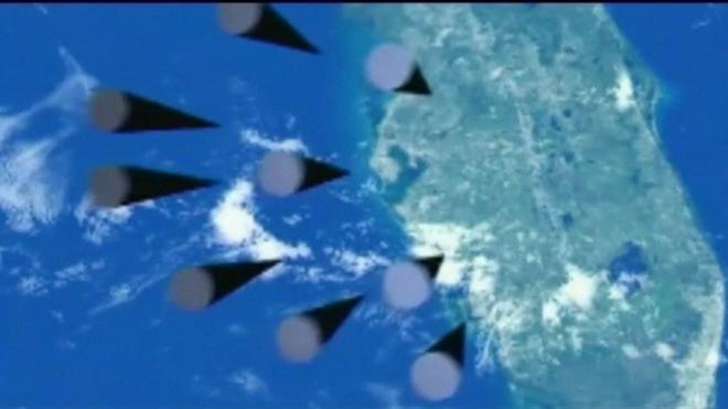 Graphic from Putin's speech, in which missiles appear to be dropping on US state of Florida, on 1 March 2018