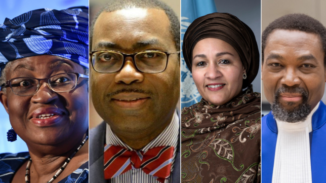 Ngozi Okonjo-Iweala WTO, Amina Muhammed UN, Mohammad Barkindo OPEC, Akinwumi Adesina AfDB
