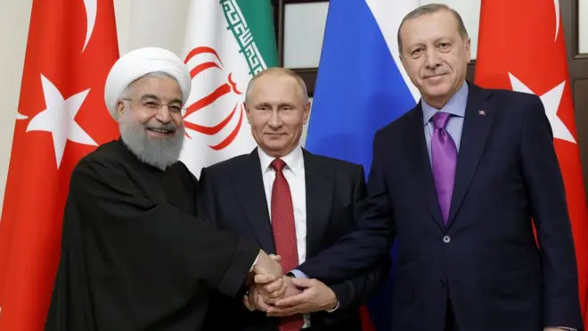 İran Cumhurbaşkanı Hasan Ruhani, Rusya Devlet Başkanı Vladimir Putin ve Cumhurbaşkanı Recep Tayyip Erdoğan
