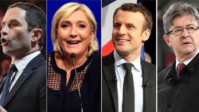 پنج کاندیدای اصلی از چپ به راست: فرانسوا فیون، بنوا آمون، مارین لوپن، امانوئل مکرون، و ژان‌لوک ملانشون