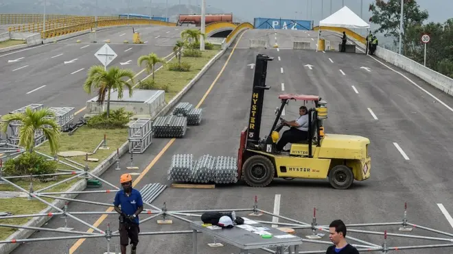 Preparations are underway for Richard Branson's "Venezuela Aid Live" at the Tienditas International Bridge in Cúcuta, Colombia